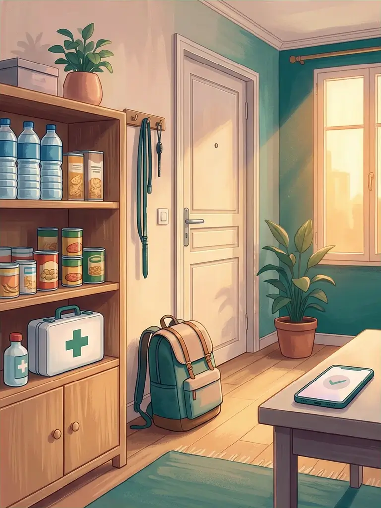 Illustration of a prepared home with stocks, emergency bag, and first aid kit